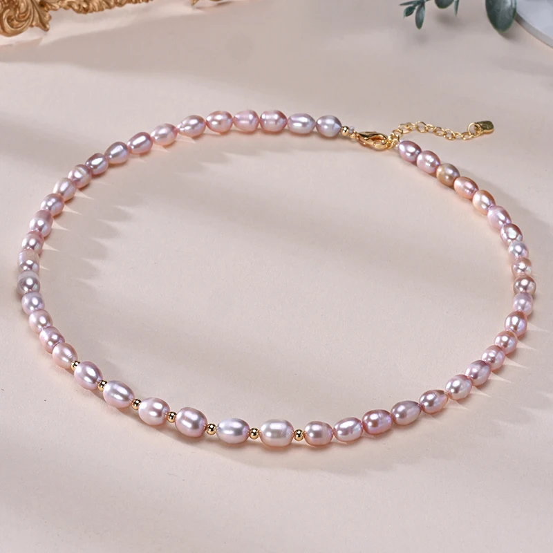 Natural Freshwater Pearls Rice Shape Multicolored Necklace Golden Beads S925 Sterling Silver Chain Fine Jewelry Gifts for Women