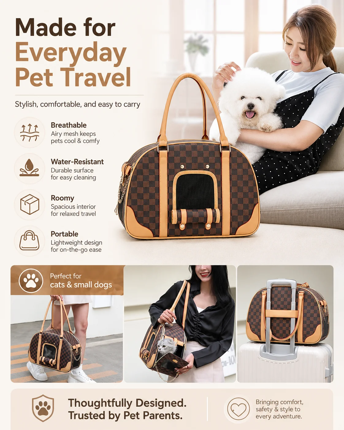 Multifunctional Casual Pet Carrier, Stylish Breathable Portable Shoulder Bag for Cats & Small Dogs, Fit for Teddy, Bichon Frise