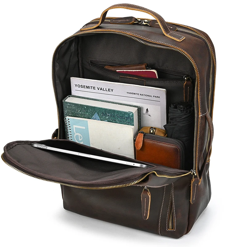 2025 New Arrivals Leather Backpack For Travel Men Male Cowhide Leather Laptop Bag 15.6" 17 Double Shoulder Bagpack For Man Retro