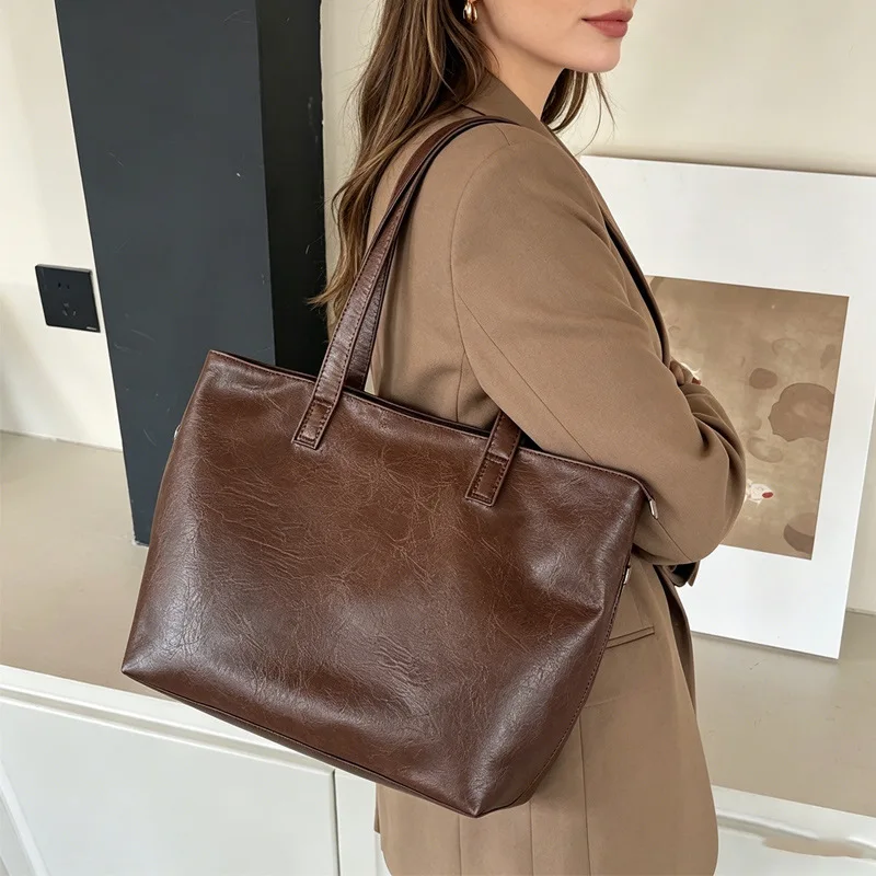 Vintage Women Handbag Large Capacity Soft PU Leather Casual Simple Female Shoulder Bag Commute Ladies Big Totes Bolsos