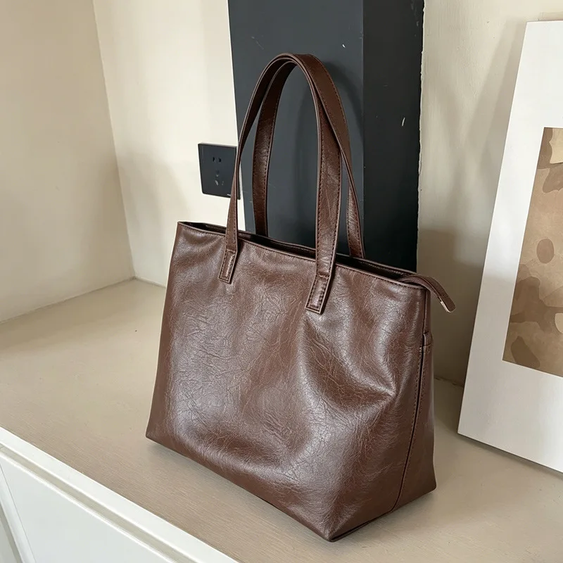 Vintage Women Handbag Large Capacity Soft PU Leather Casual Simple Female Shoulder Bag Commute Ladies Big Totes Bolsos