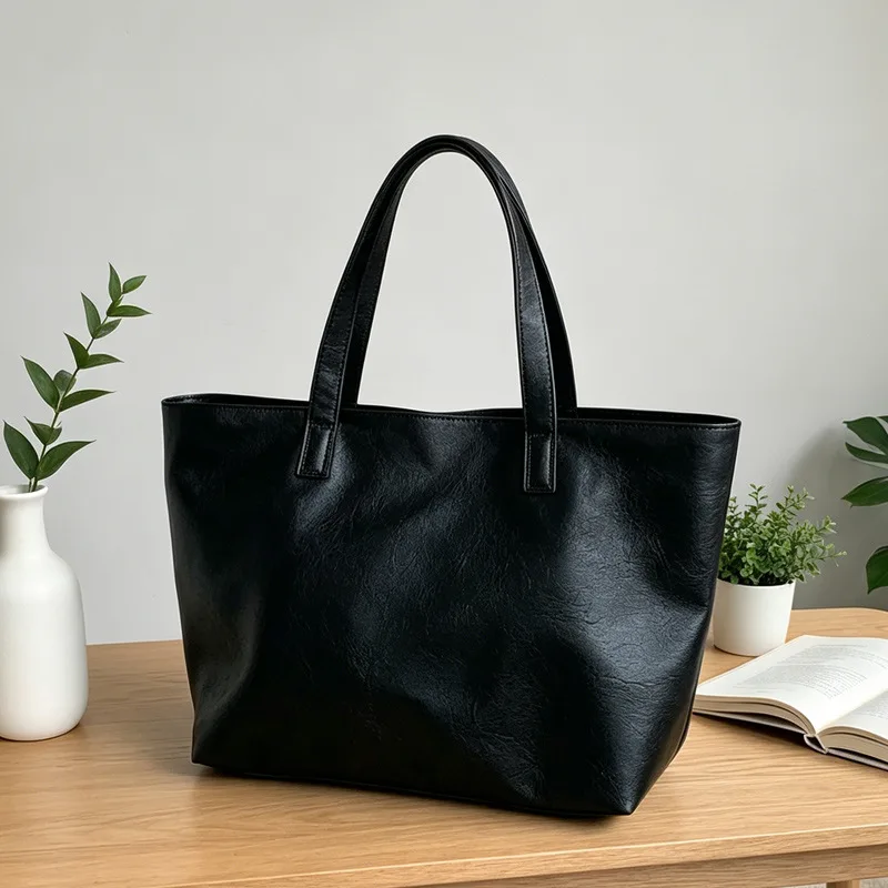 Vintage Women Handbag Large Capacity Soft PU Leather Casual Simple Female Shoulder Bag Commute Ladies Big Totes Bolsos