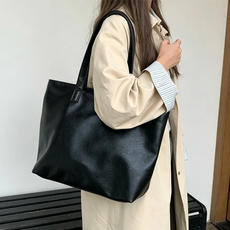 Vintage Women Handbag Large Capacity Soft PU Leather Casual Simple Female Shoulder Bag Commute Ladies Big Totes Bolsos