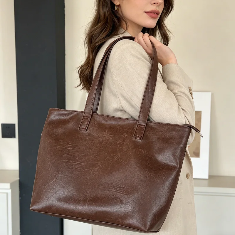 Vintage Women Handbag Large Capacity Soft PU Leather Casual Simple Female Shoulder Bag Commute Ladies Big Totes Bolsos