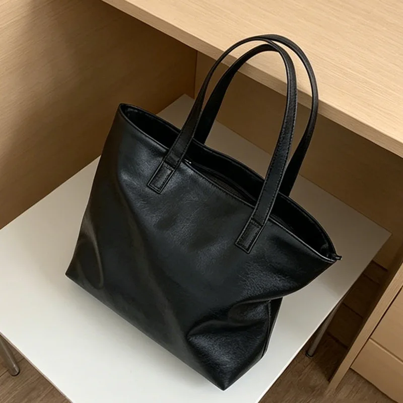 Vintage Women Handbag Large Capacity Soft PU Leather Casual Simple Female Shoulder Bag Commute Ladies Big Totes Bolsos