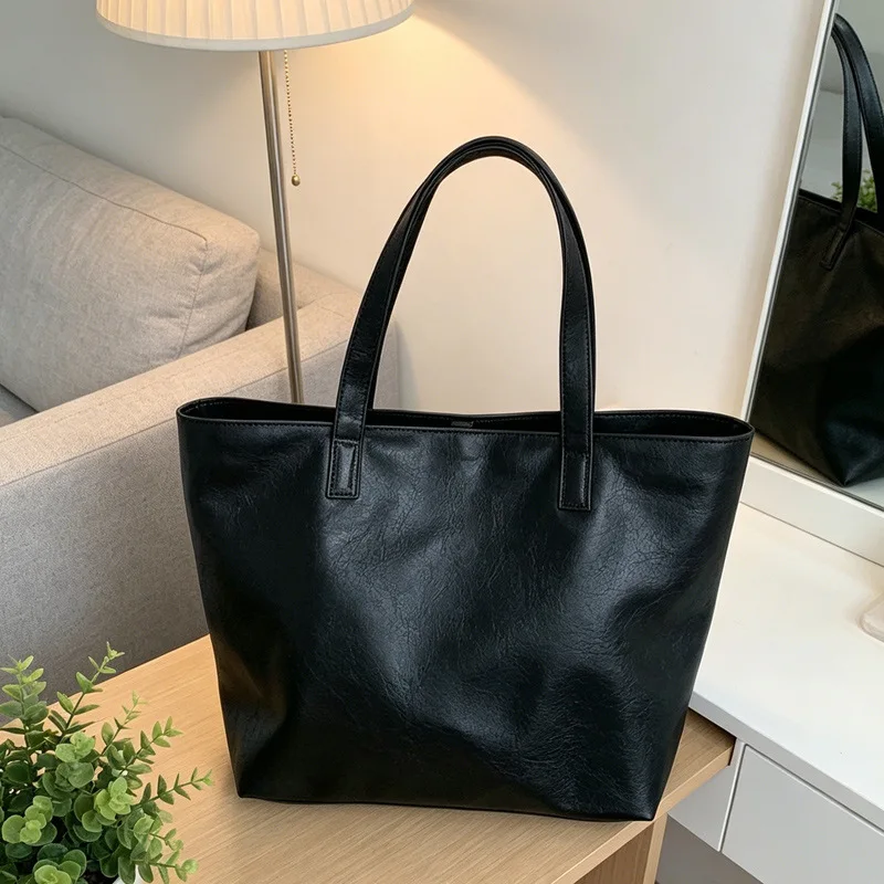 Vintage Women Handbag Large Capacity Soft PU Leather Casual Simple Female Shoulder Bag Commute Ladies Big Totes Bolsos