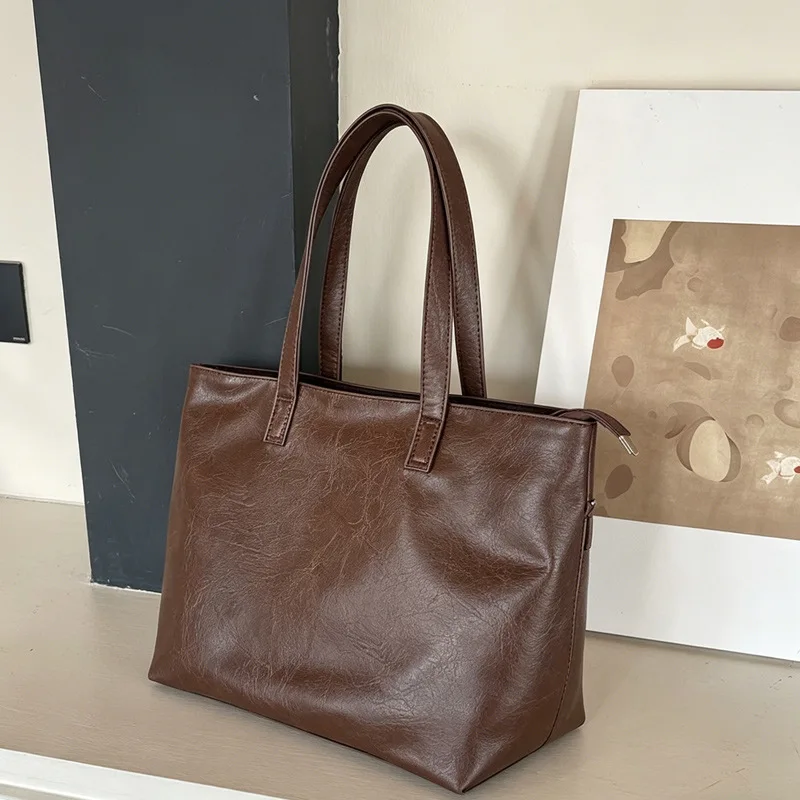 Vintage Women Handbag Large Capacity Soft PU Leather Casual Simple Female Shoulder Bag Commute Ladies Big Totes Bolsos
