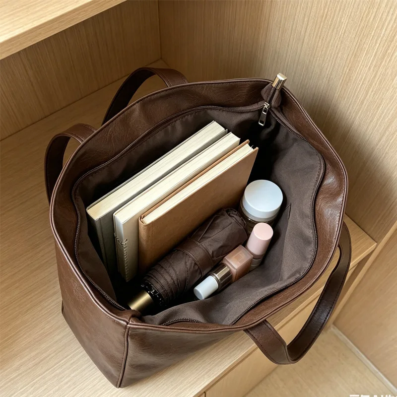 Vintage Women Handbag Large Capacity Soft PU Leather Casual Simple Female Shoulder Bag Commute Ladies Big Totes Bolsos