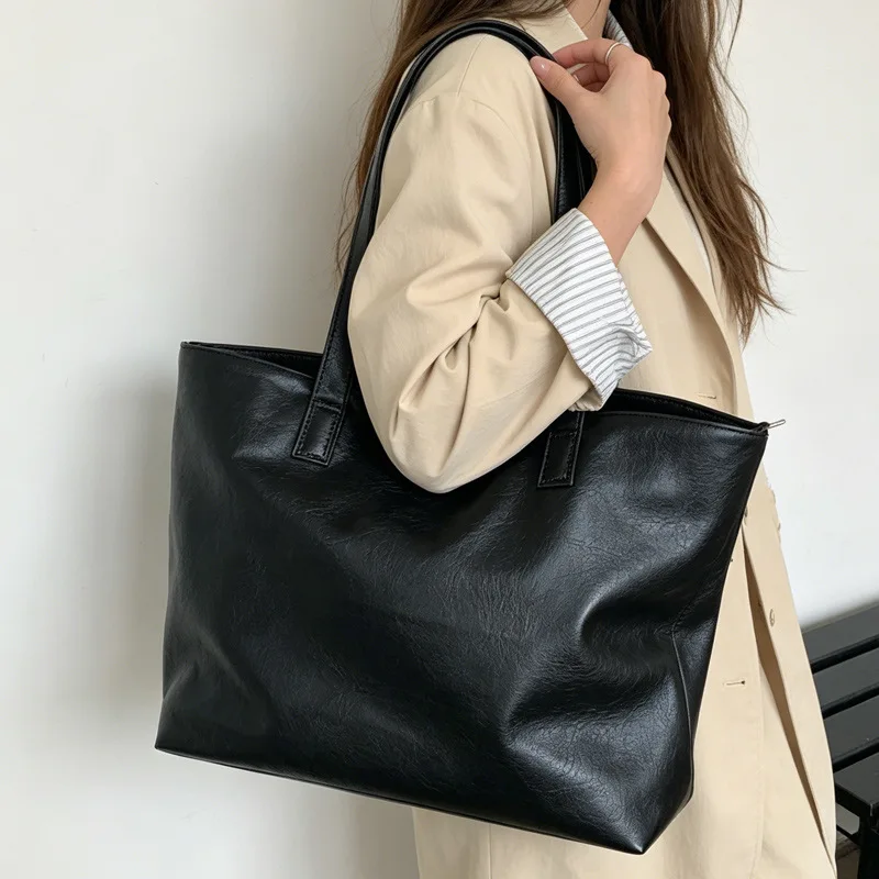 Vintage Women Handbag Large Capacity Soft PU Leather Casual Simple Female Shoulder Bag Commute Ladies Big Totes Bolsos