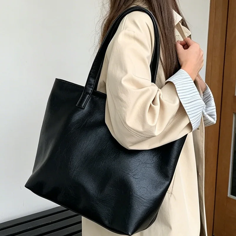 Vintage Women Handbag Large Capacity Soft PU Leather Casual Simple Female Shoulder Bag Commute Ladies Big Totes Bolsos