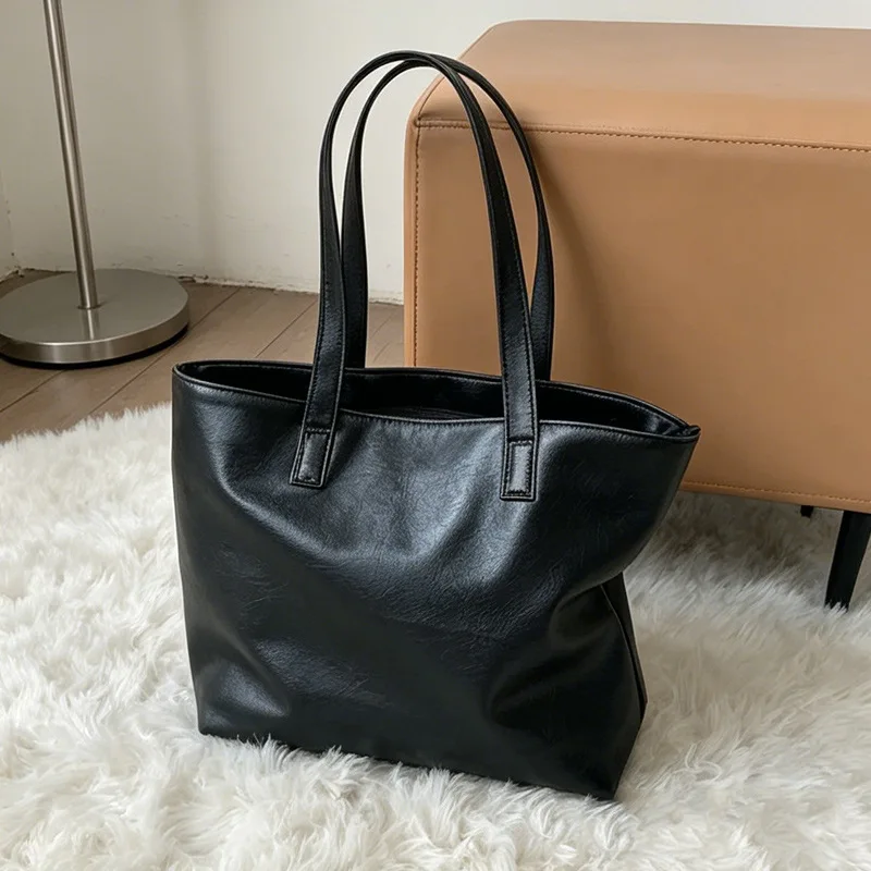 Vintage Women Handbag Large Capacity Soft PU Leather Casual Simple Female Shoulder Bag Commute Ladies Big Totes Bolsos