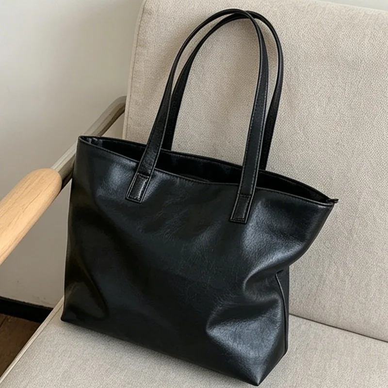 Vintage Women Handbag Large Capacity Soft PU Leather Casual Simple Female Shoulder Bag Commute Ladies Big Totes Bolsos