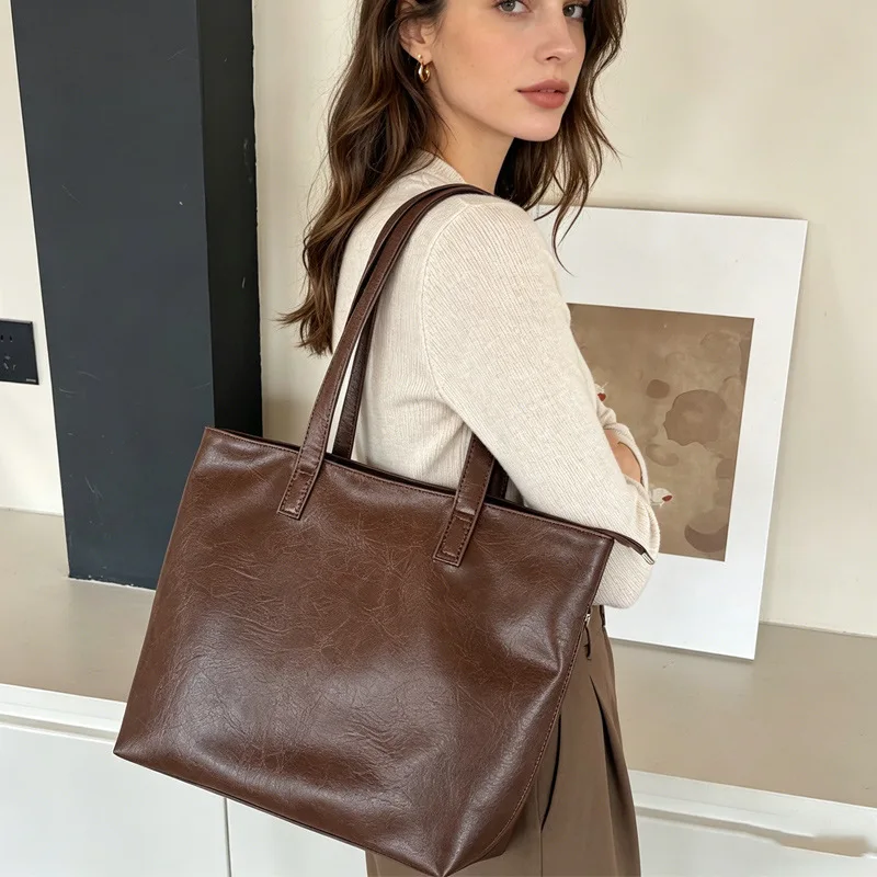 Vintage Women Handbag Large Capacity Soft PU Leather Casual Simple Female Shoulder Bag Commute Ladies Big Totes Bolsos