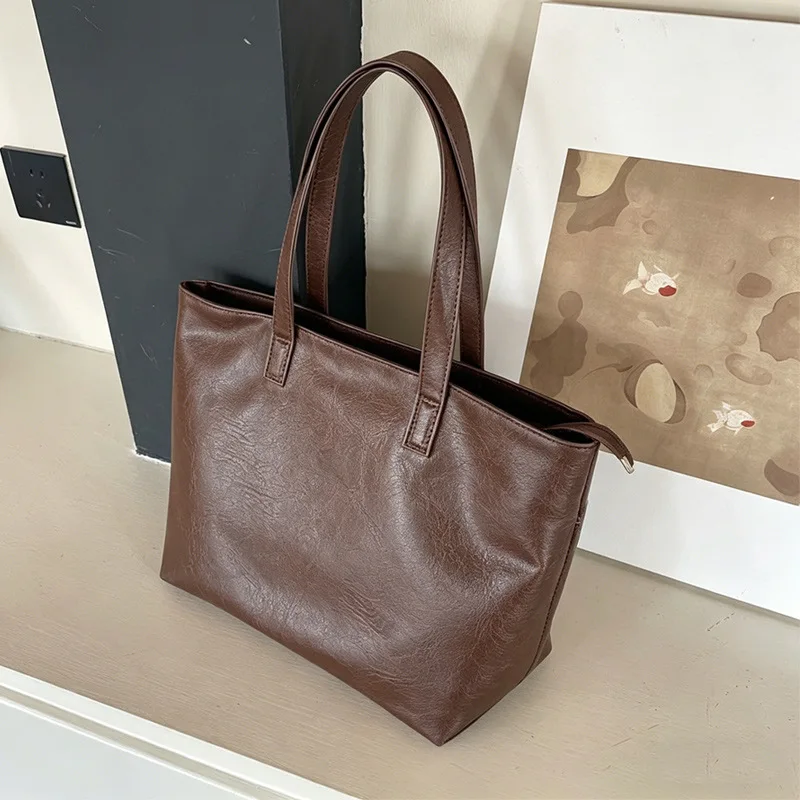Vintage Women Handbag Large Capacity Soft PU Leather Casual Simple Female Shoulder Bag Commute Ladies Big Totes Bolsos
