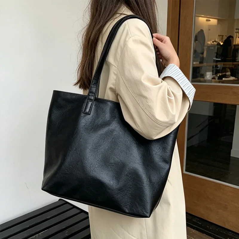 Vintage Women Handbag Large Capacity Soft PU Leather Casual Simple Female Shoulder Bag Commute Ladies Big Totes Bolsos