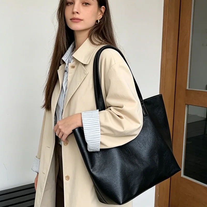 Vintage Women Handbag Large Capacity Soft PU Leather Casual Simple Female Shoulder Bag Commute Ladies Big Totes Bolsos