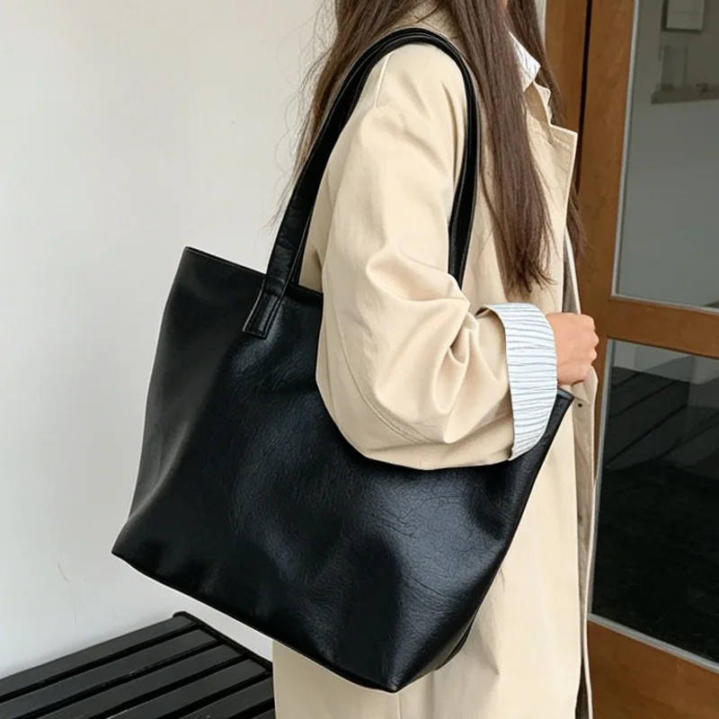 Vintage Women Handbag Large Capacity Soft PU Leather Casual Simple Female Shoulder Bag Commute Ladies Big Totes Bolsos