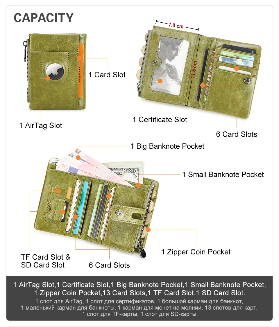 Oil Leather Women Wallets Short Card Holder Anti-lost Airtag Case Hasp Zipper Coin Purse Ladies Wallets Rfid Money Bag Mini