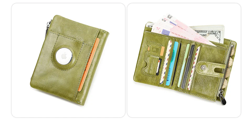 Oil Leather Women Wallets Short Card Holder Anti-lost Airtag Case Hasp Zipper Coin Purse Ladies Wallets Rfid Money Bag Mini