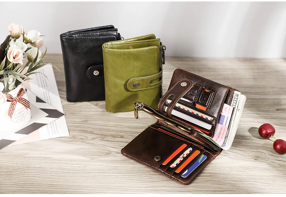 Oil Leather Women Wallets Short Card Holder Anti-lost Airtag Case Hasp Zipper Coin Purse Ladies Wallets Rfid Money Bag Mini