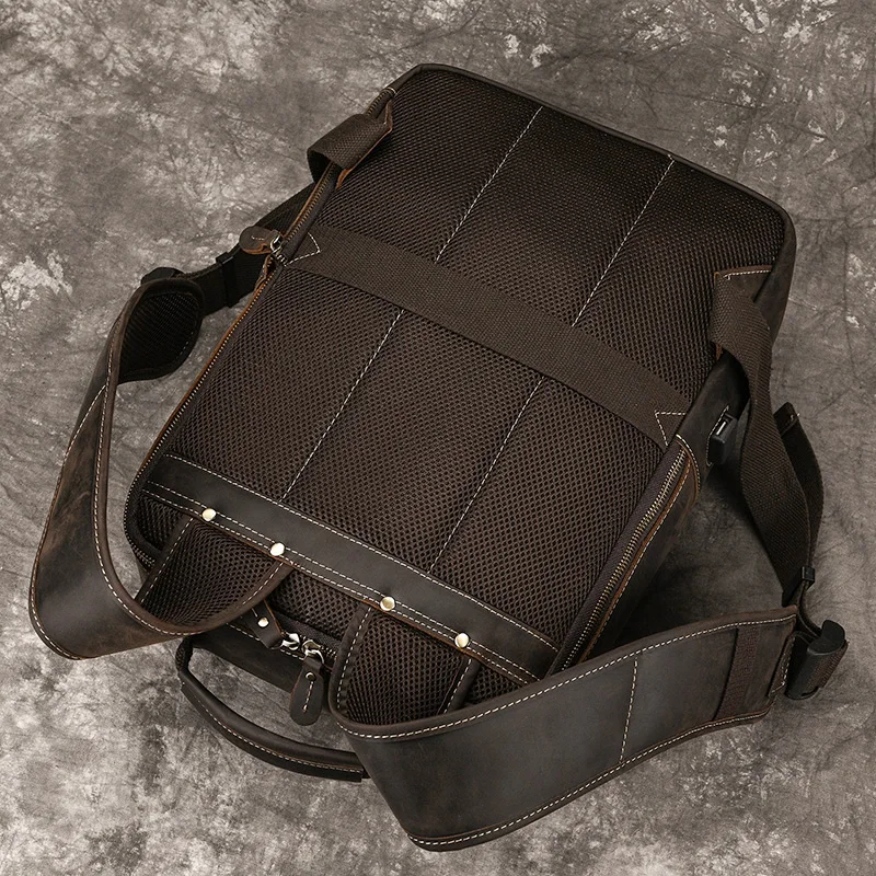 Men's Crazy Horse Leather Backpack 15.6" Laptop Cow Leather Daypack Large Capacity Male Travel Backpack With USB Cable