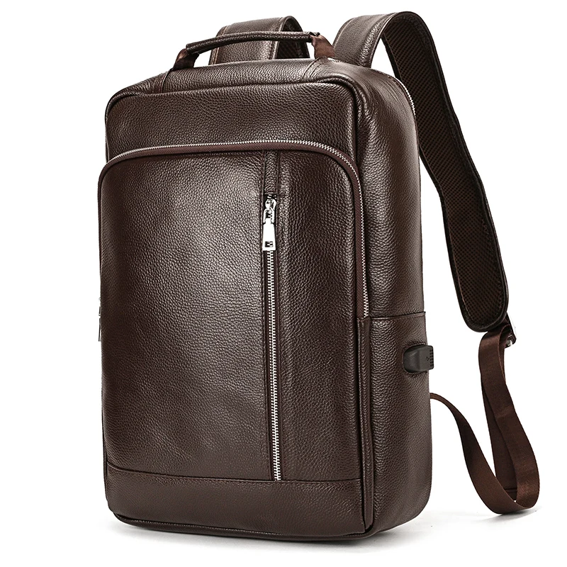 Men's Crazy Horse Leather Backpack 15.6" Laptop Cow Leather Daypack Large Capacity Male Travel Backpack With USB Cable
