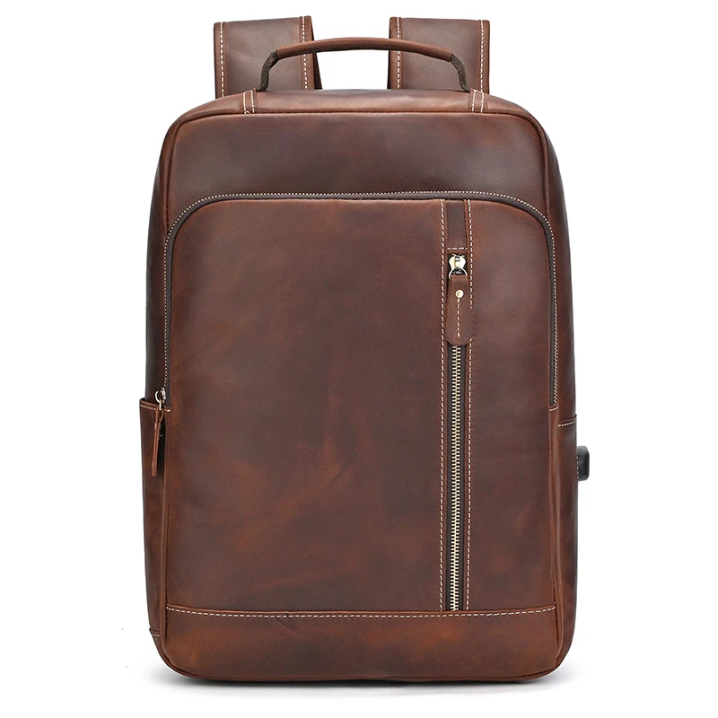 Men's Crazy Horse Leather Backpack 15.6" Laptop Cow Leather Daypack Large Capacity Male Travel Backpack With USB Cable