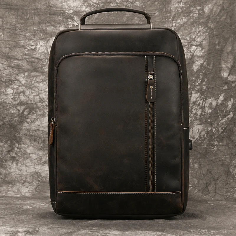 Men's Crazy Horse Leather Backpack 15.6" Laptop Cow Leather Daypack Large Capacity Male Travel Backpack With USB Cable
