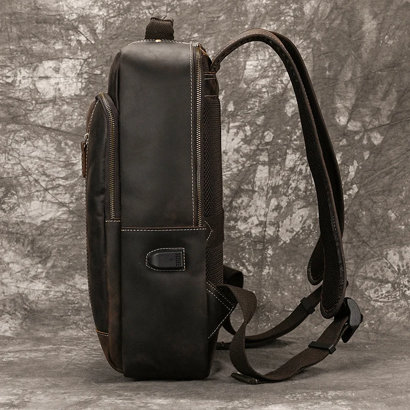 Men's Crazy Horse Leather Backpack 15.6" Laptop Cow Leather Daypack Large Capacity Male Travel Backpack With USB Cable