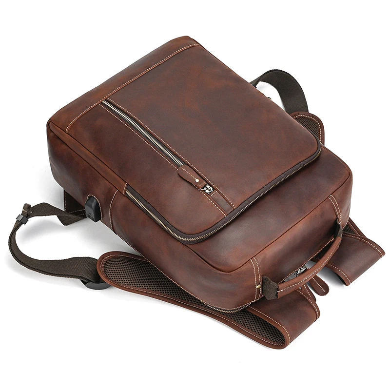 Men's Crazy Horse Leather Backpack 15.6" Laptop Cow Leather Daypack Large Capacity Male Travel Backpack With USB Cable
