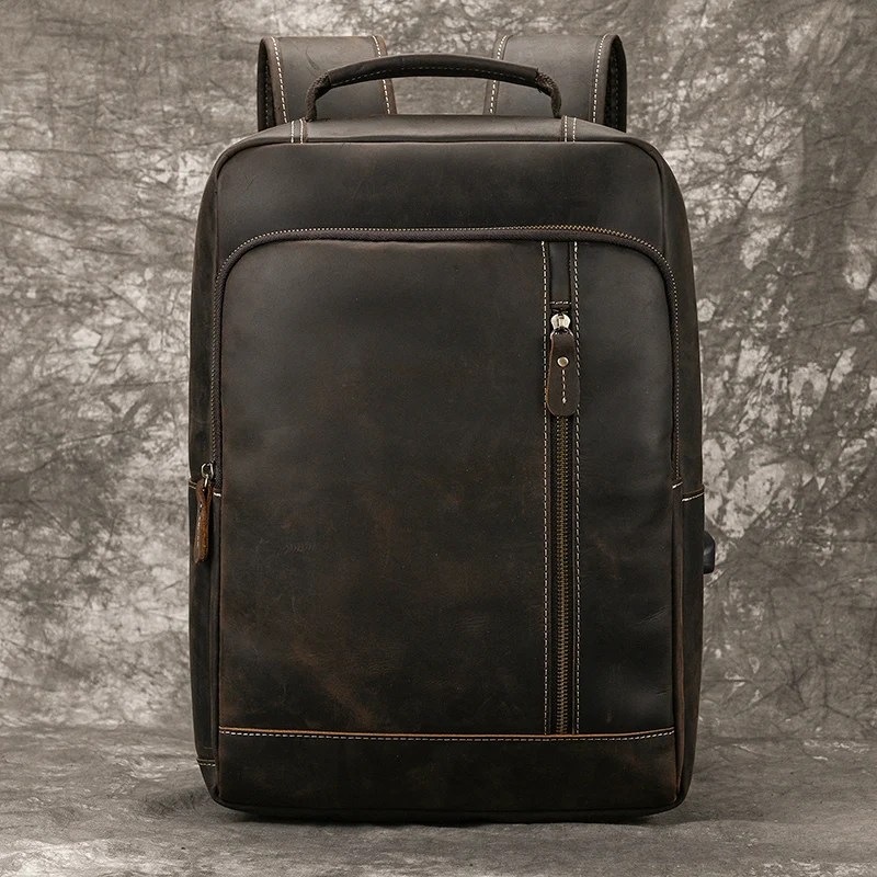 Men's Crazy Horse Leather Backpack 15.6" Laptop Cow Leather Daypack Large Capacity Male Travel Backpack With USB Cable