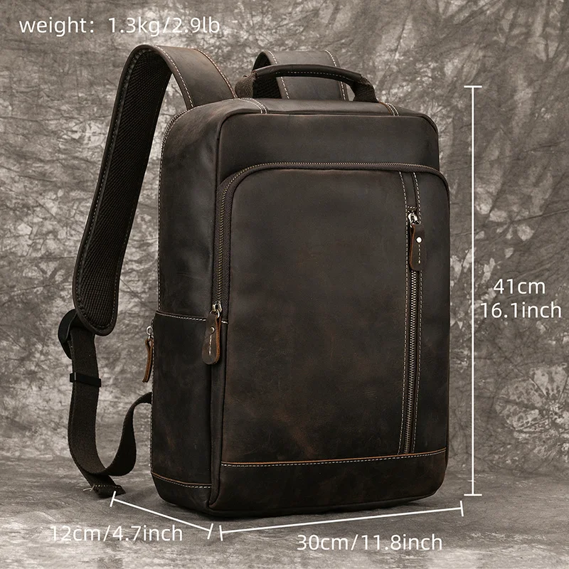 Men's Crazy Horse Leather Backpack 15.6" Laptop Cow Leather Daypack Large Capacity Male Travel Backpack With USB Cable