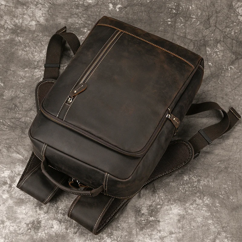 Men's Crazy Horse Leather Backpack 15.6" Laptop Cow Leather Daypack Large Capacity Male Travel Backpack With USB Cable