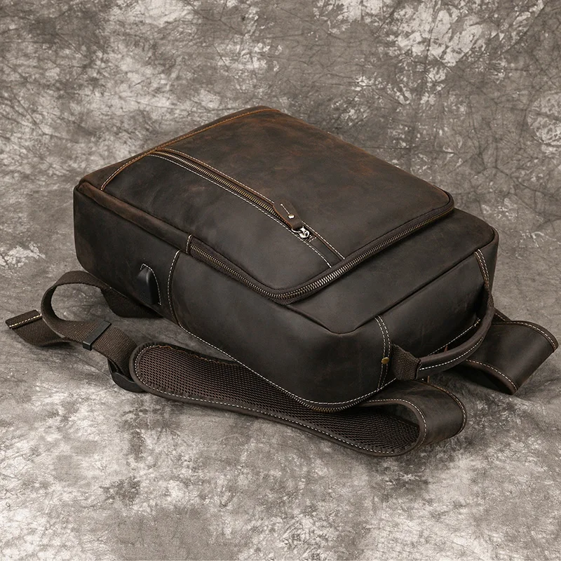 Men's Crazy Horse Leather Backpack 15.6" Laptop Cow Leather Daypack Large Capacity Male Travel Backpack With USB Cable