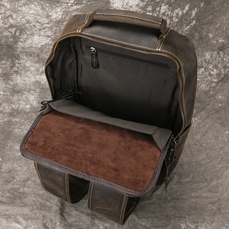 Men's Crazy Horse Leather Backpack 15.6" Laptop Cow Leather Daypack Large Capacity Male Travel Backpack With USB Cable