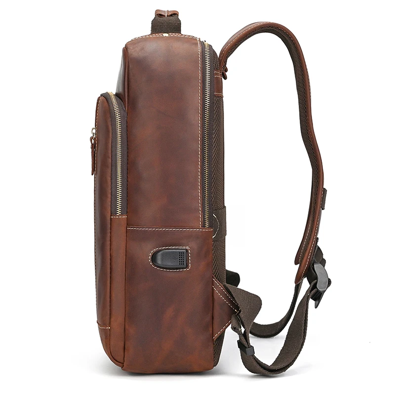 Men's Crazy Horse Leather Backpack 15.6" Laptop Cow Leather Daypack Large Capacity Male Travel Backpack With USB Cable