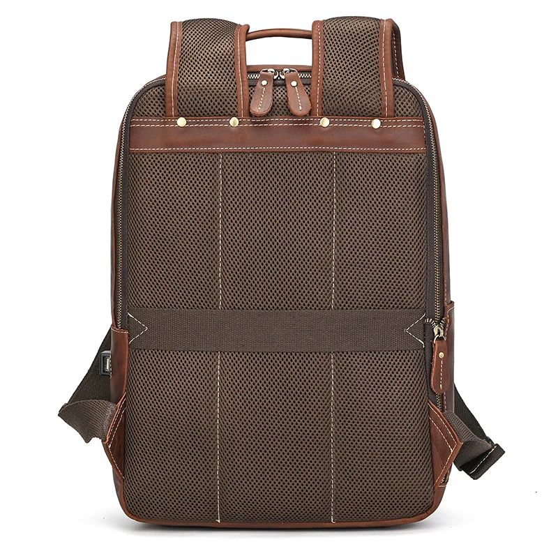 Men's Crazy Horse Leather Backpack 15.6" Laptop Cow Leather Daypack Large Capacity Male Travel Backpack With USB Cable