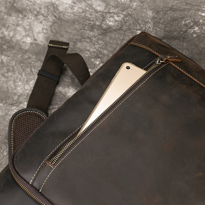 Men's Crazy Horse Leather Backpack 15.6" Laptop Cow Leather Daypack Large Capacity Male Travel Backpack With USB Cable