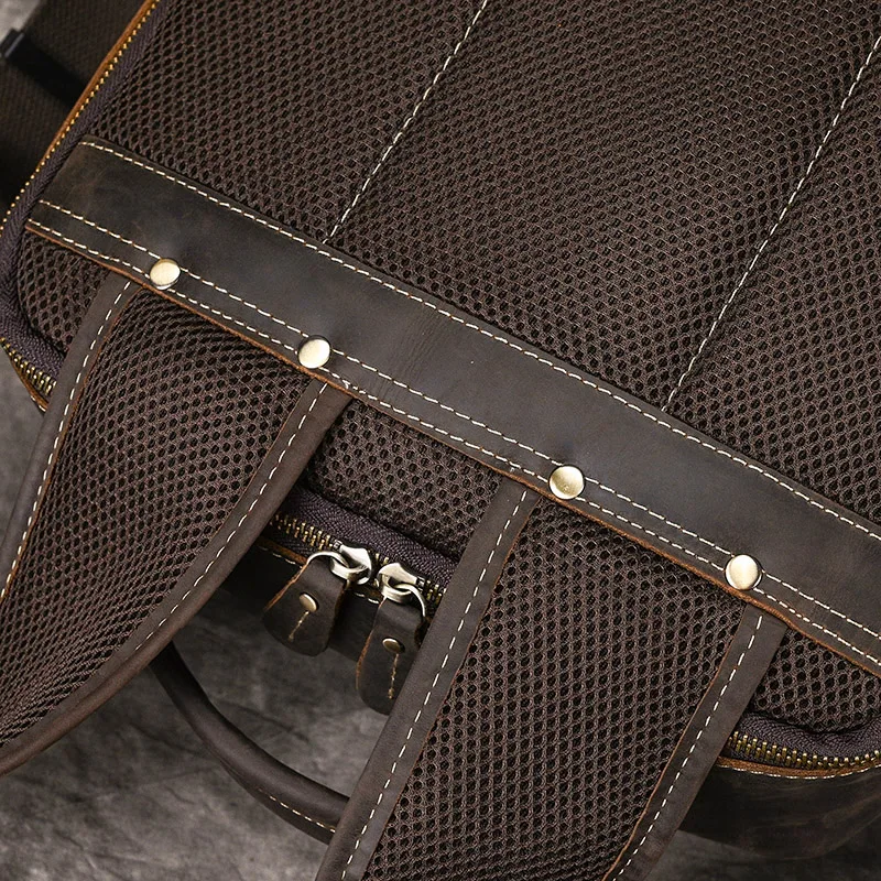 Men's Crazy Horse Leather Backpack 15.6" Laptop Cow Leather Daypack Large Capacity Male Travel Backpack With USB Cable