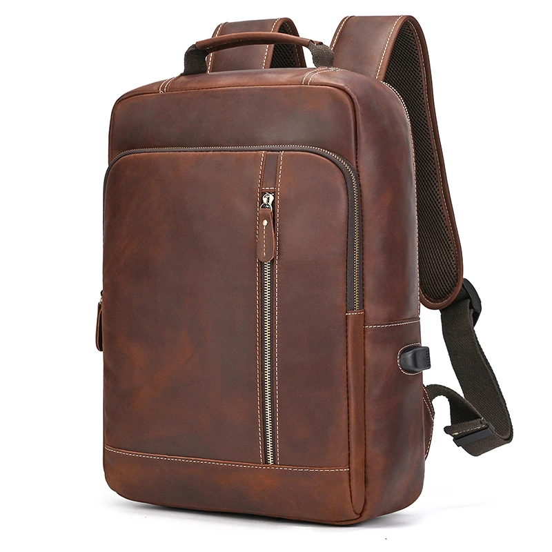Men's Crazy Horse Leather Backpack 15.6" Laptop Cow Leather Daypack Large Capacity Male Travel Backpack With USB Cable