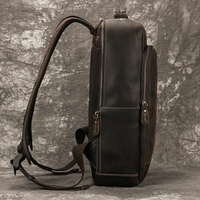 Men's Crazy Horse Leather Backpack 15.6" Laptop Cow Leather Daypack Large Capacity Male Travel Backpack With USB Cable