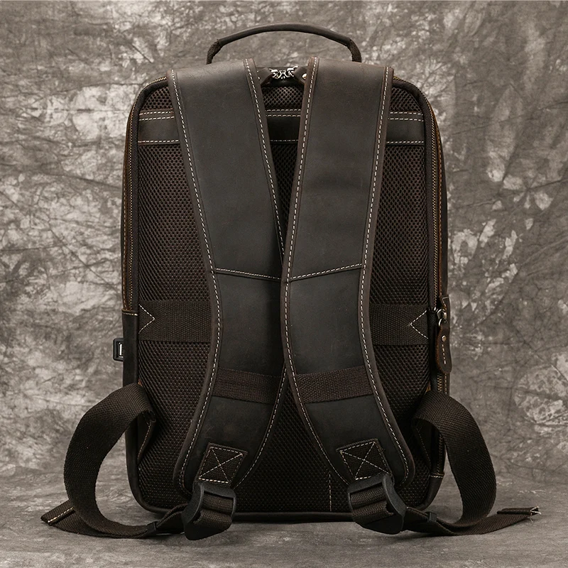 Men's Crazy Horse Leather Backpack 15.6" Laptop Cow Leather Daypack Large Capacity Male Travel Backpack With USB Cable