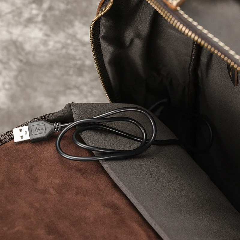 Men's Crazy Horse Leather Backpack 15.6" Laptop Cow Leather Daypack Large Capacity Male Travel Backpack With USB Cable