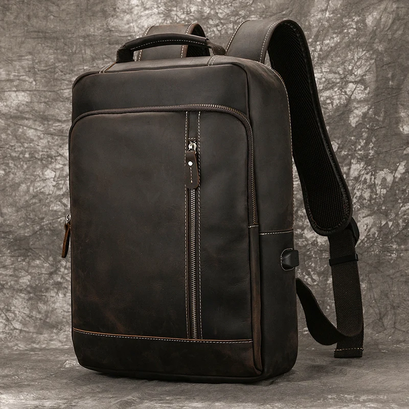 Men's Crazy Horse Leather Backpack 15.6" Laptop Cow Leather Daypack Large Capacity Male Travel Backpack With USB Cable