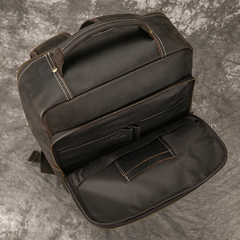 Men's Crazy Horse Leather Backpack 15.6" Laptop Cow Leather Daypack Large Capacity Male Travel Backpack With USB Cable