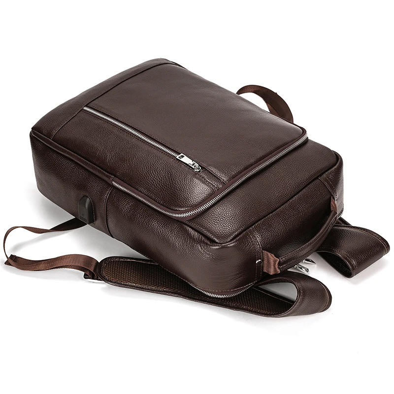 Men's Crazy Horse Leather Backpack 15.6" Laptop Cow Leather Daypack Large Capacity Male Travel Backpack With USB Cable