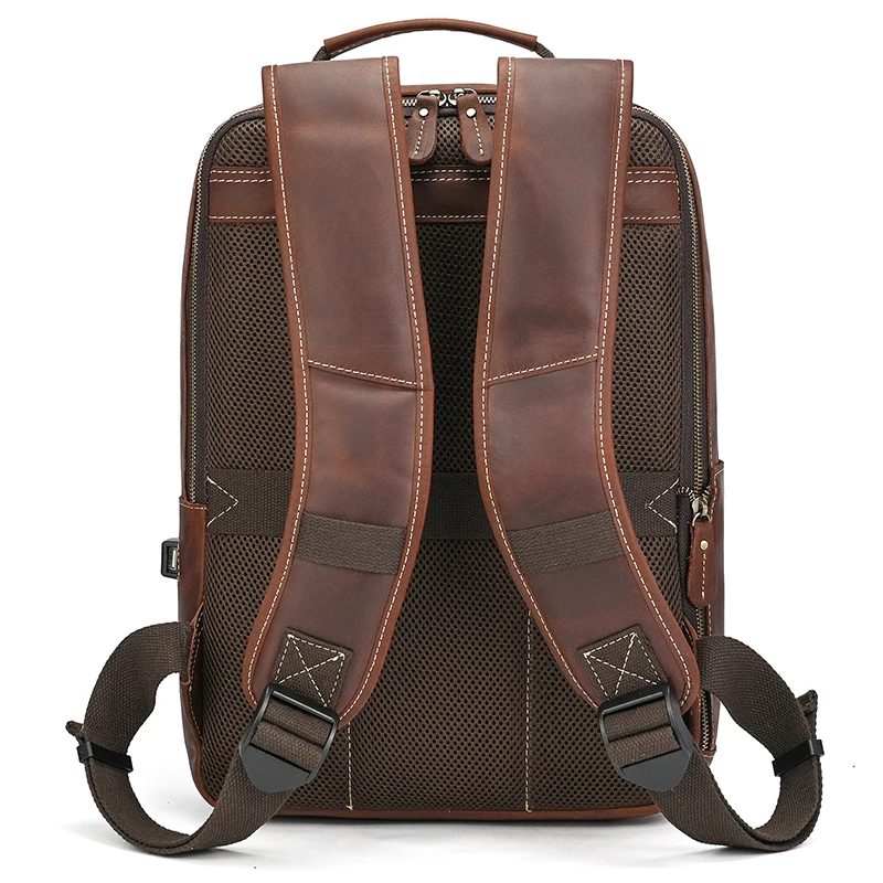 Men's Crazy Horse Leather Backpack 15.6" Laptop Cow Leather Daypack Large Capacity Male Travel Backpack With USB Cable