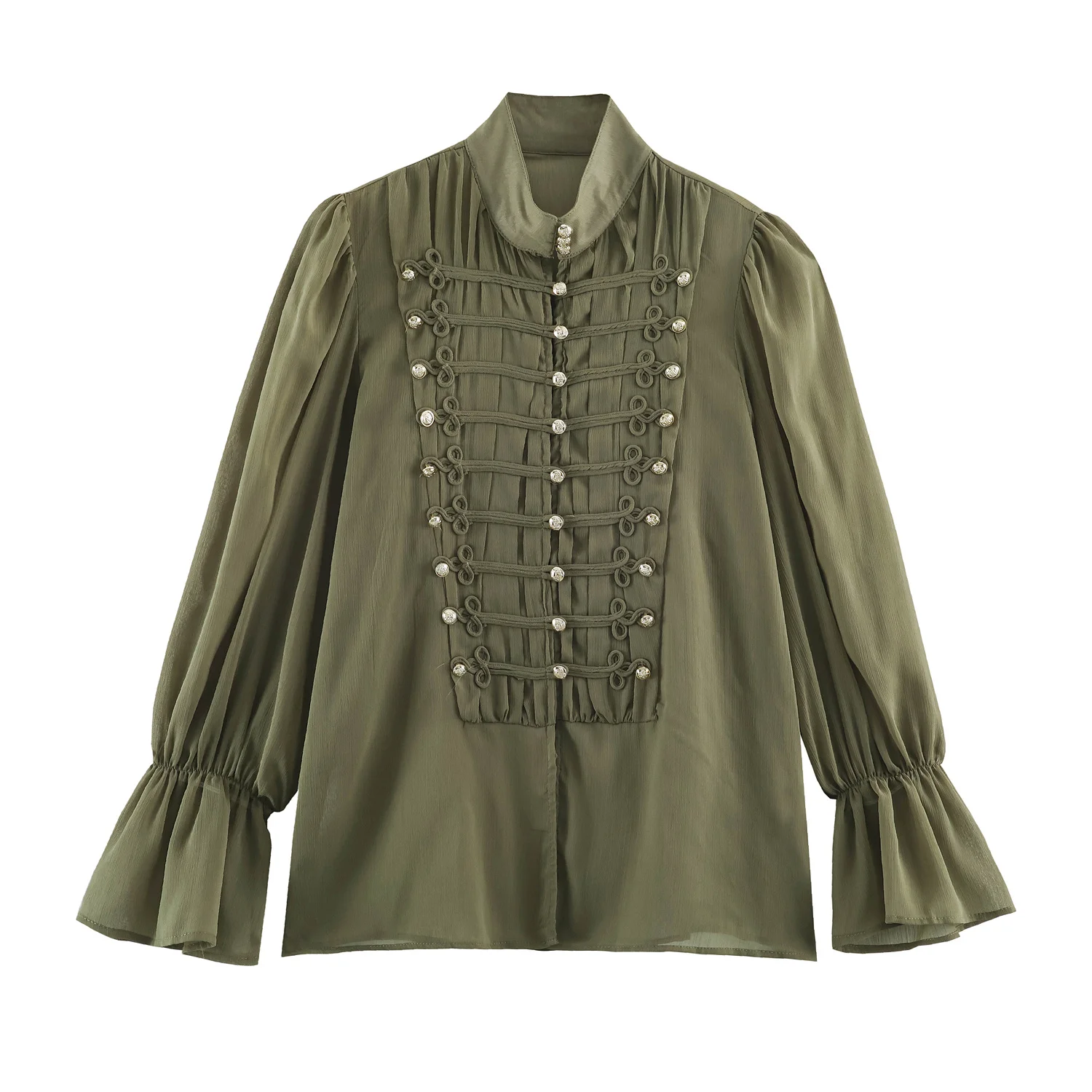2026 Summer Women's Vintage Chinese Knotted Button UP Long Flare Sleeve Shirts Lady Elegant Loose Ruffles Stand Collar Blouses