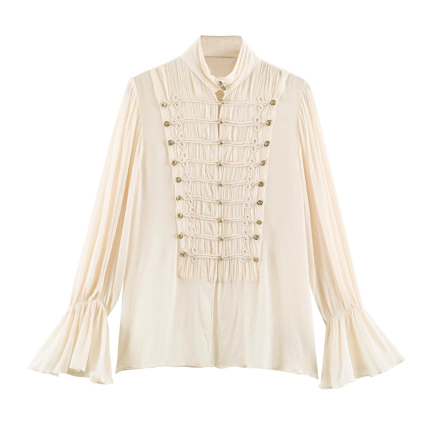 2026 Summer Women's Vintage Chinese Knotted Button UP Long Flare Sleeve Shirts Lady Elegant Loose Ruffles Stand Collar Blouses