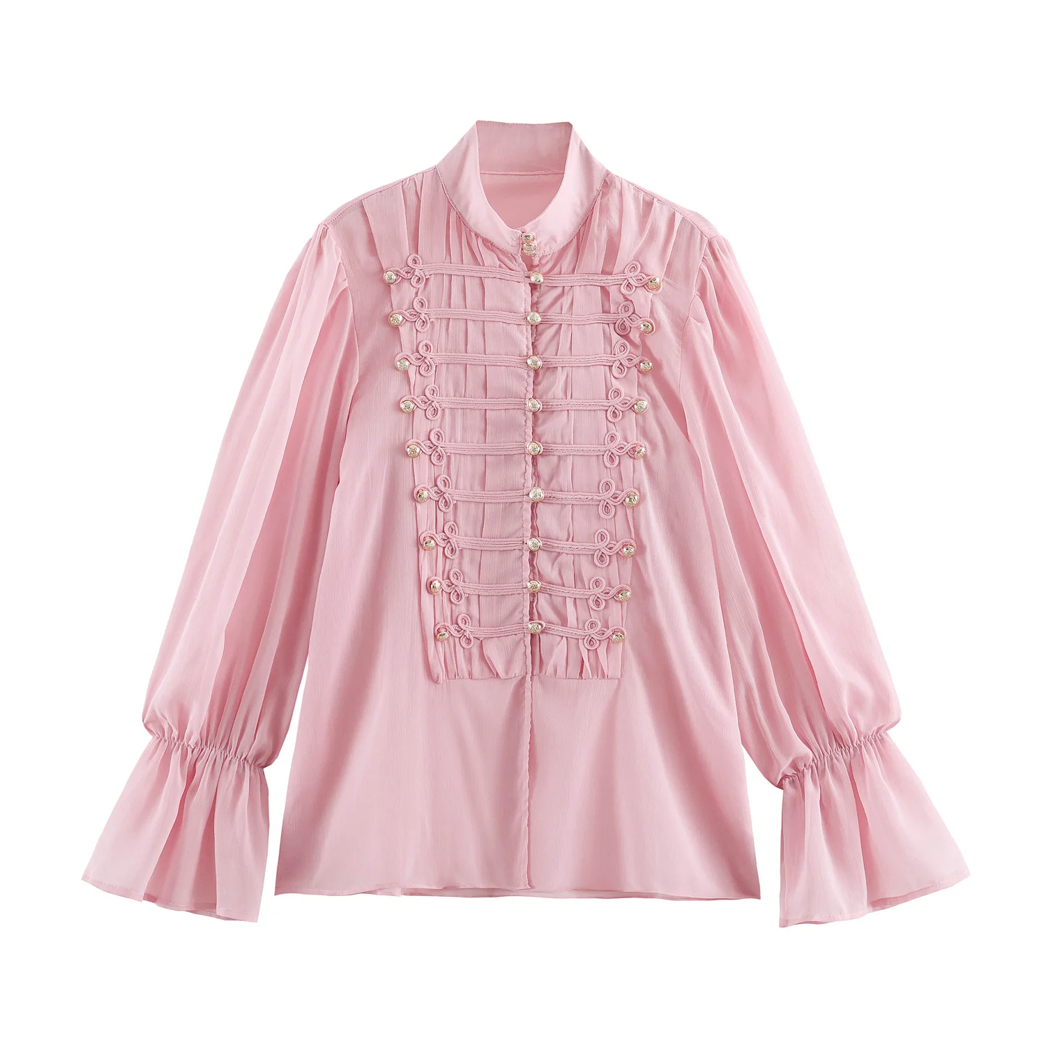 2026 Summer Women's Vintage Chinese Knotted Button UP Long Flare Sleeve Shirts Lady Elegant Loose Ruffles Stand Collar Blouses